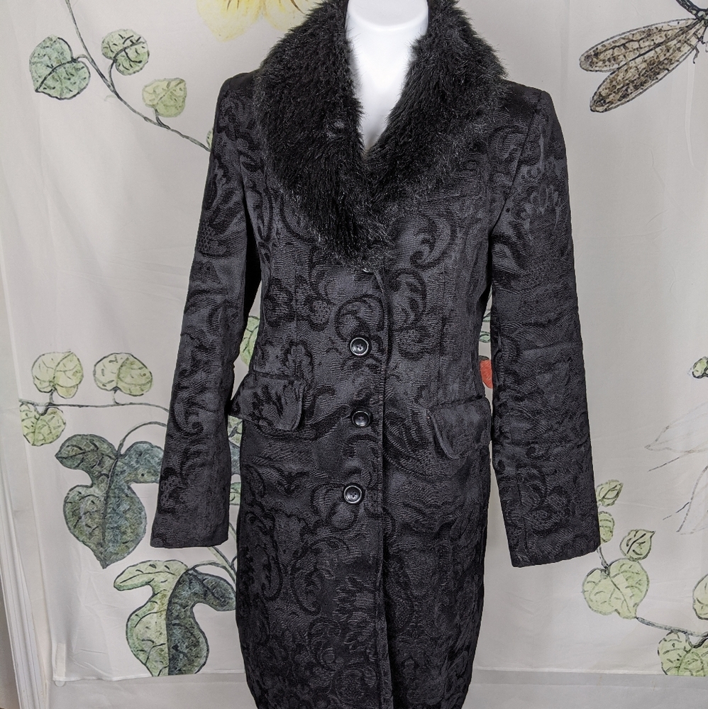 Vintage '90s faux fur collar damask coat black m